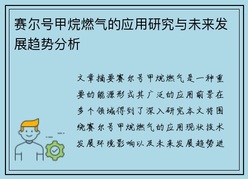 赛尔号甲烷燃气的应用研究与未来发展趋势分析